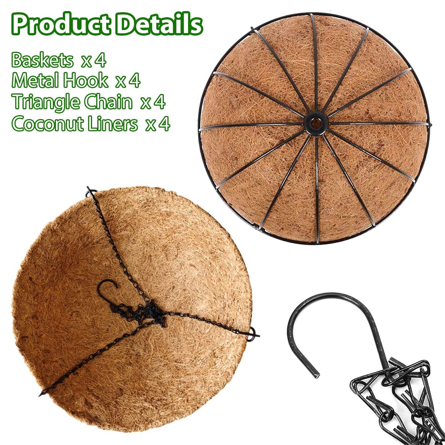 LCHUANG Hanging Baskets Planter for Plants - 4 Pack 14 Inch Metal Baskets with Coco Coir Liner, Hanging Flower Pots for Outside with Chain, Indoor Outdoor Garden Porch Decoration (14'' Pack of 4)
