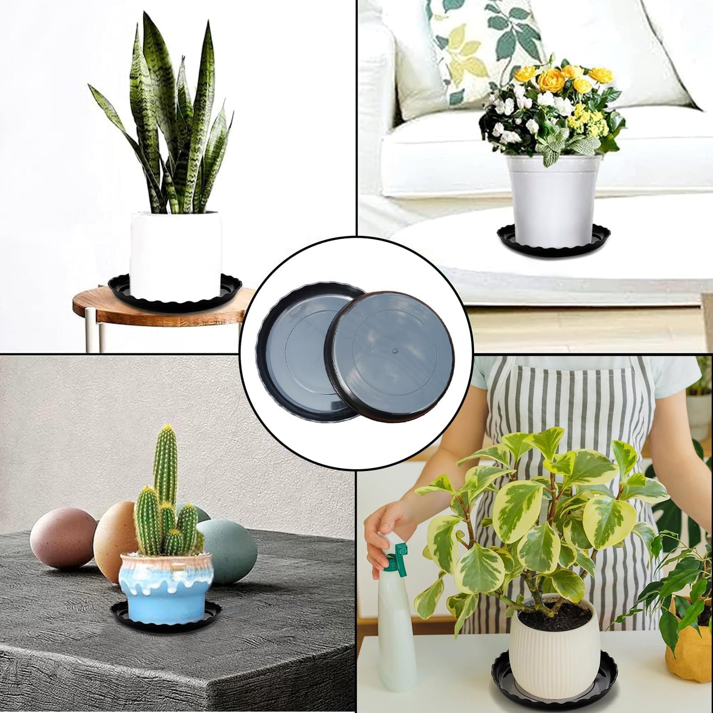 OFiSEXPT 15 Pcs Plant Saucer Set, 6, 8, 10 Inch Plastic Pot Trays, Flower Planter Saucers, Drip Trays for Indoor/Outdoor, Sturdy Plant Plate Water Catcher (Black)