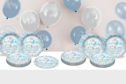 Birthday Galore A Little Snowflake is On The Way Boy's Baby Shower - 32 Piece Disposable Party Supplies - Winter Baby Shower Decorations - Round Party Plates - Large 9" Paper Plates In Bulk