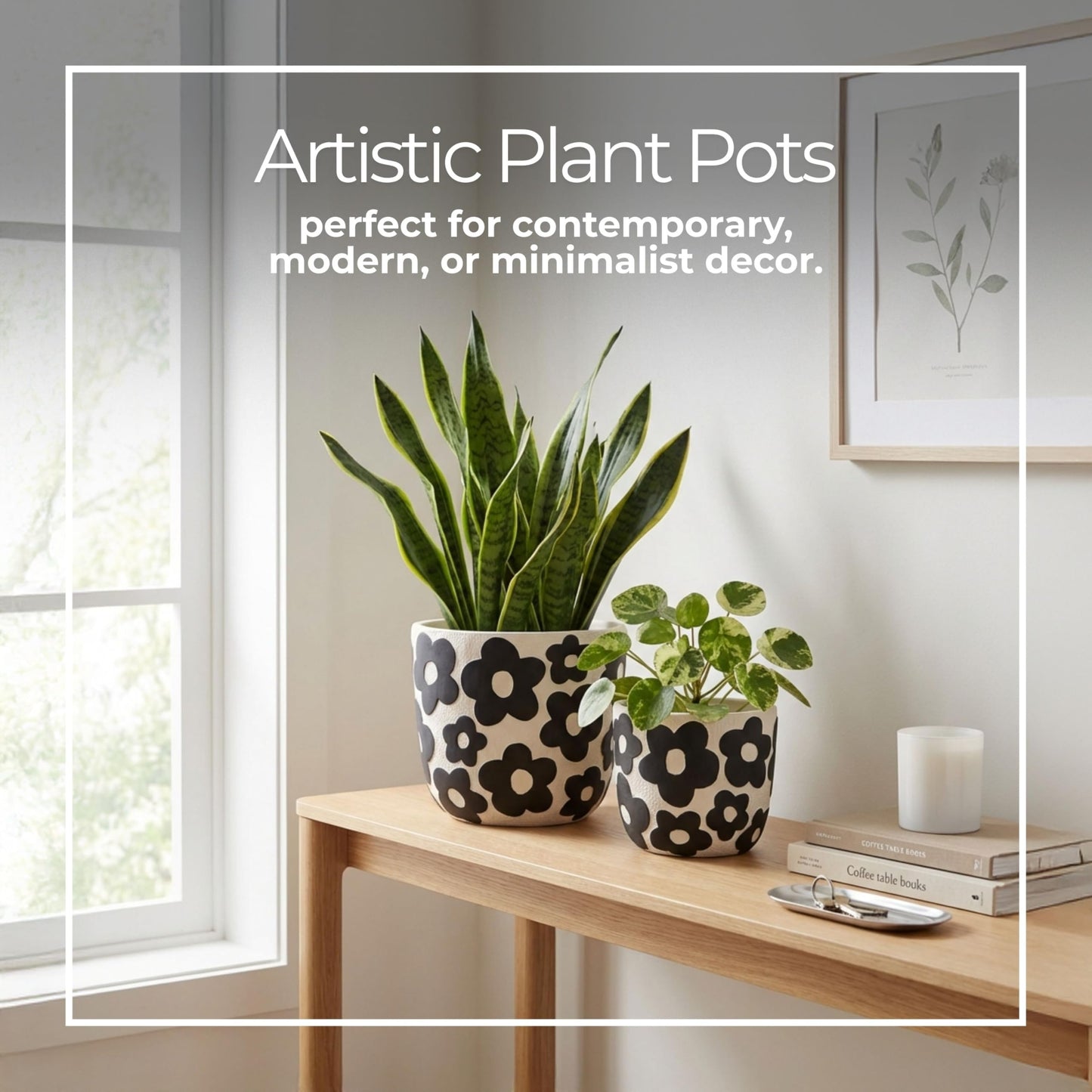 Set of 2 Pottery Cement Planters – Versatile Plant Holders for Greenery and Styling, Flower Pots for Living Room, or Patio – Bold Floral Pattern, Modern Graphic Look, Home Decor – 6" & 8", Black