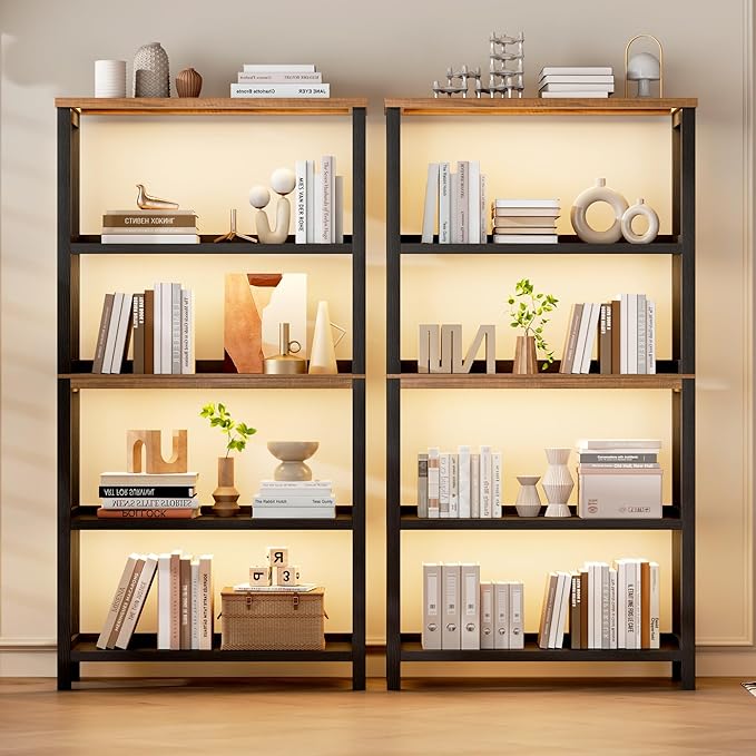 Vlsrka Wooden Bookshelf with Lights, 5 Tier Bookshelf with Storage, Tall