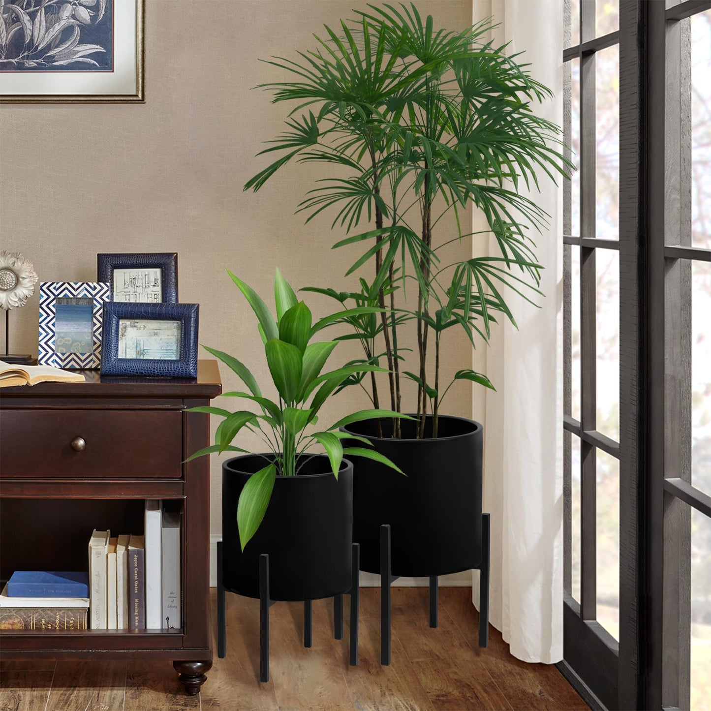 ARNIS Modern Plant Pots, Set of 2 Large Planters with Stand, Decorative Planters, Metal Pots with Drainage Holes for Living Room, Office, Garden or Balcony, 8.25 &10.5 Inch, Blcak