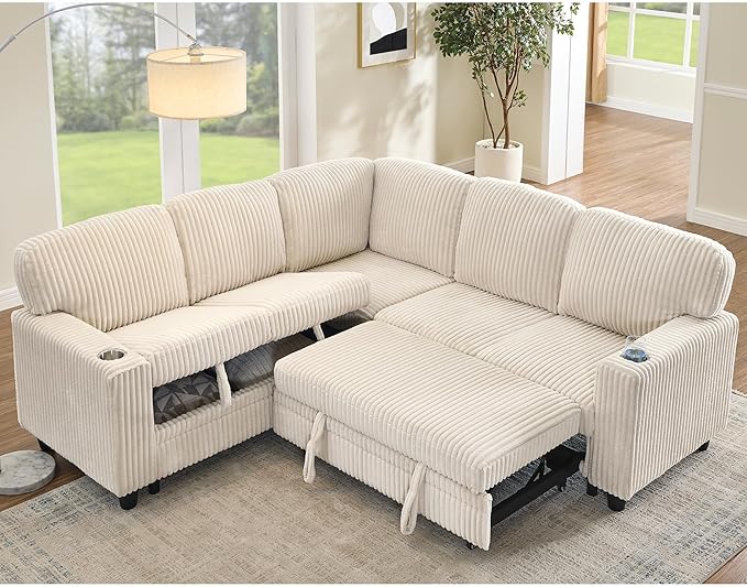 L-Shaped Sectional Couch with Storage and Pull Out Bed, Convertible Sofa Bed