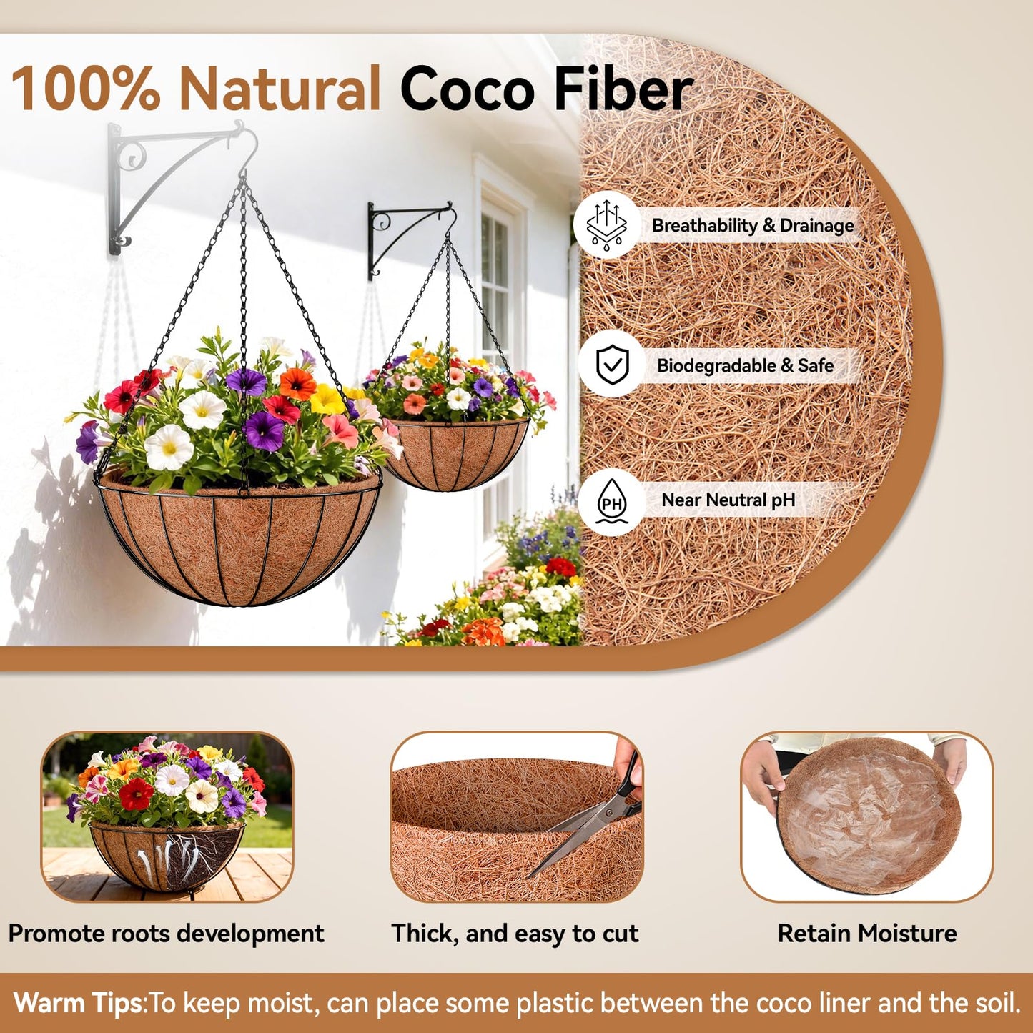 Halatool 3PCS 14 Inch Coco Liners for Hanging Baskets Round Hanging Basket Liners 100% Natural Coconut Husk Liner for Planters for Flowers Vegetables Indoor Outdoor Plants