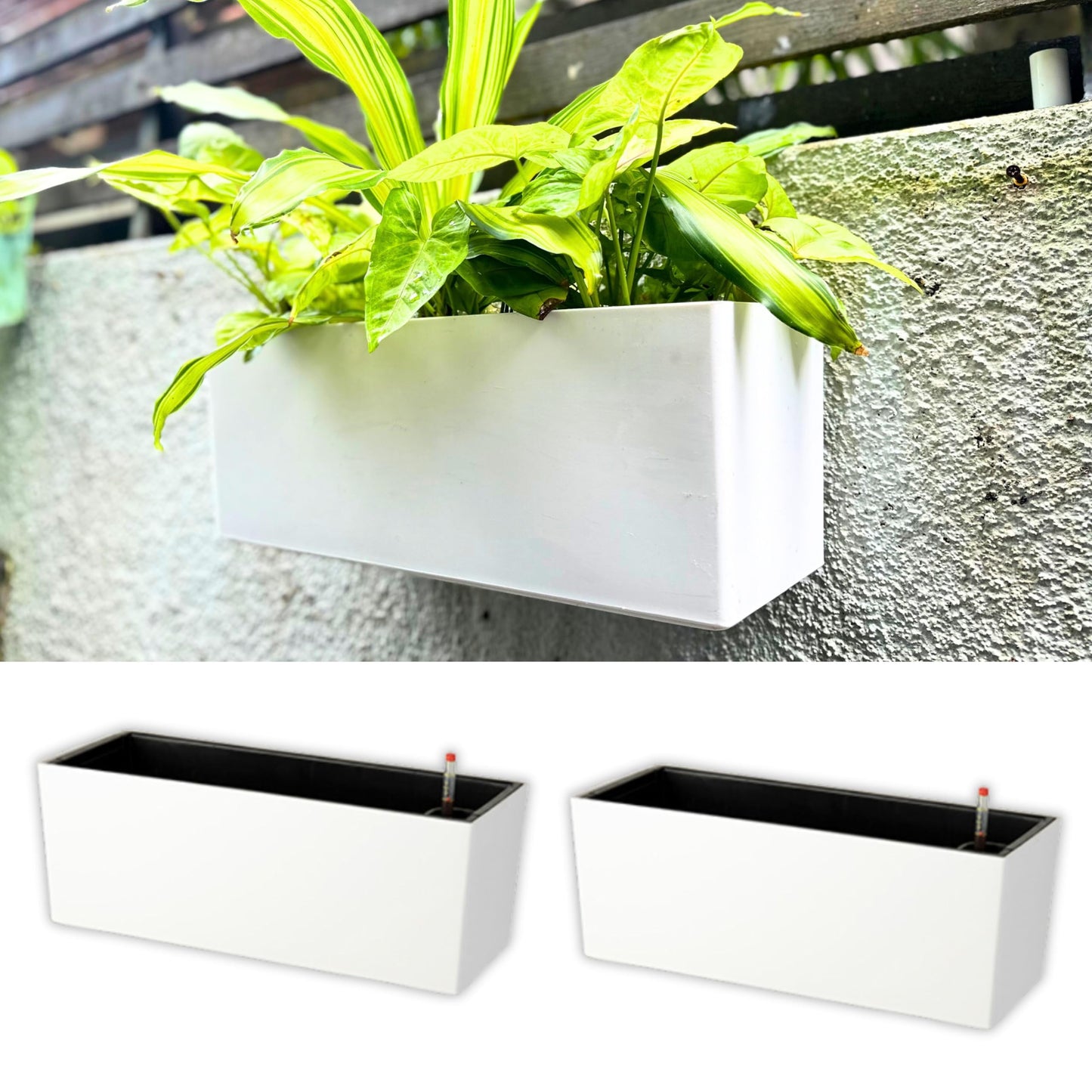 LaLaGreen Bundle - 4 Pack, 20 Inch Black and White Self Watering Hanging Planter Boxes Flower Pot, Rectangular Wall Mount, Indoor Vertical Garden Modern Window Sill Herb Trendy Outdoor Home Decor