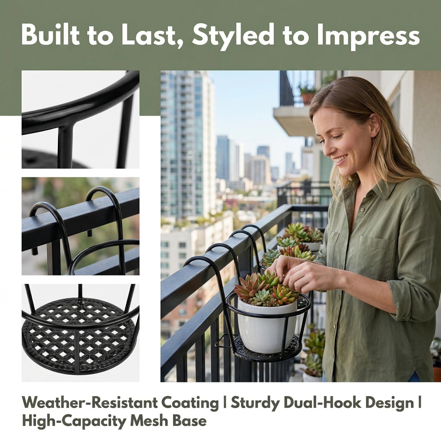 Nancyzhenpin Metal Hanging Railing Planter, Flower Pot Holder for Balcony Fence, Adjustable Steel Plant Stand, Indoor Outdoor Garden Mounted Shelf (6, Black)