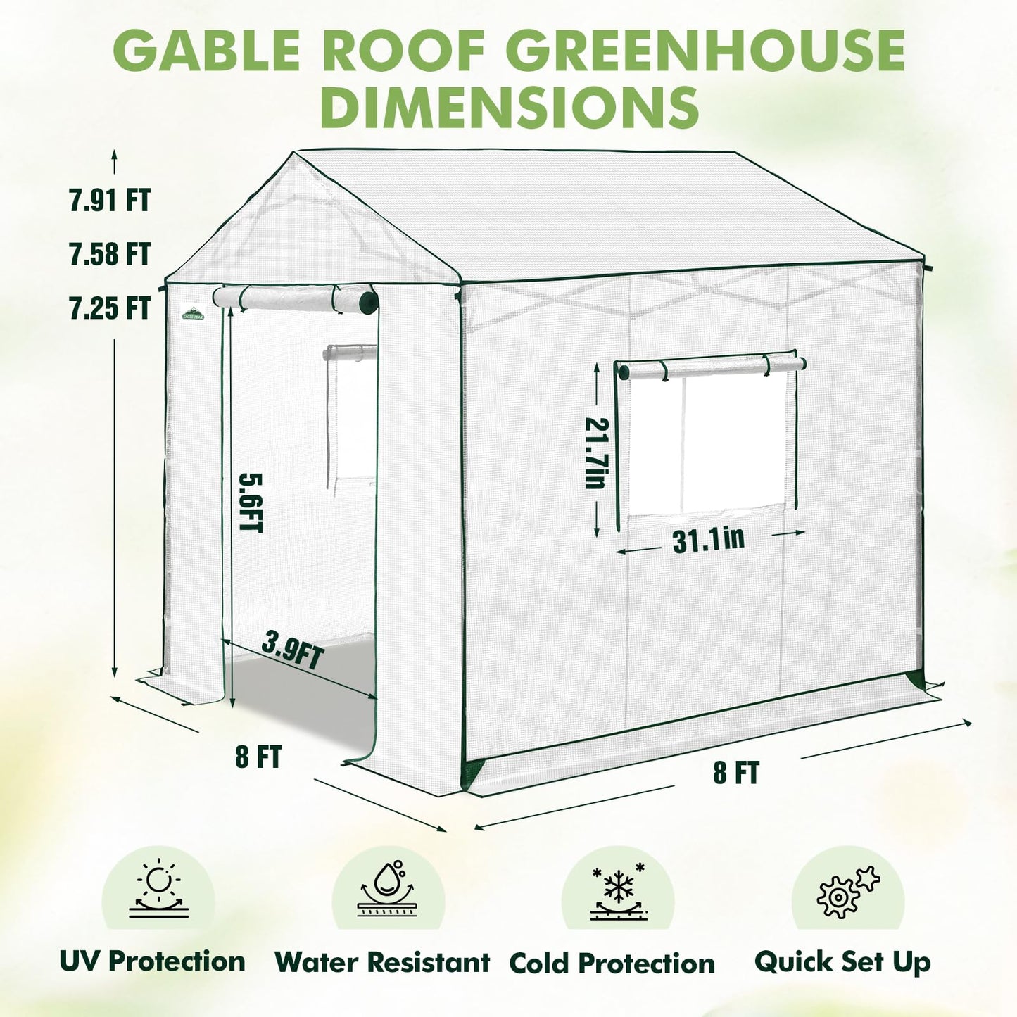 EAGLE PEAK 8x8 Portable Pop Up Greenhouse, Patented Center Lock Easy One Person Setup, Walk-in Outdoor Greenhouse with Gable Roof, Weight Bags, Zippered Doors & Windows, White