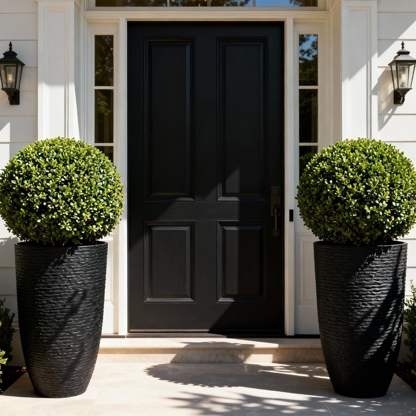 Worth Garden 21" H Tall Planters 2 Pack - 14'' Dia Resin Large Round Black Flower Pots for Outdoor Plants Trees - Imitation Stone Finish Plastic Indoor Front Porch 9 Gallon Decorative Container Patio