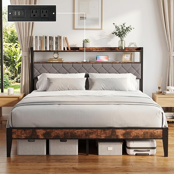 King Size Bed Frame with Charging Station, King Bed Frame with Upholstered