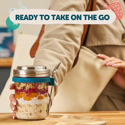 Overnight Oats Jar with Spoon & Stainless Steel Lid - 16oz Leakproof Glass Oatmeal Container for Meal Prep & Yogurt - Easy to Clean Breakfast Cup with Measurement Markings On-the-Go - 1 Pack
