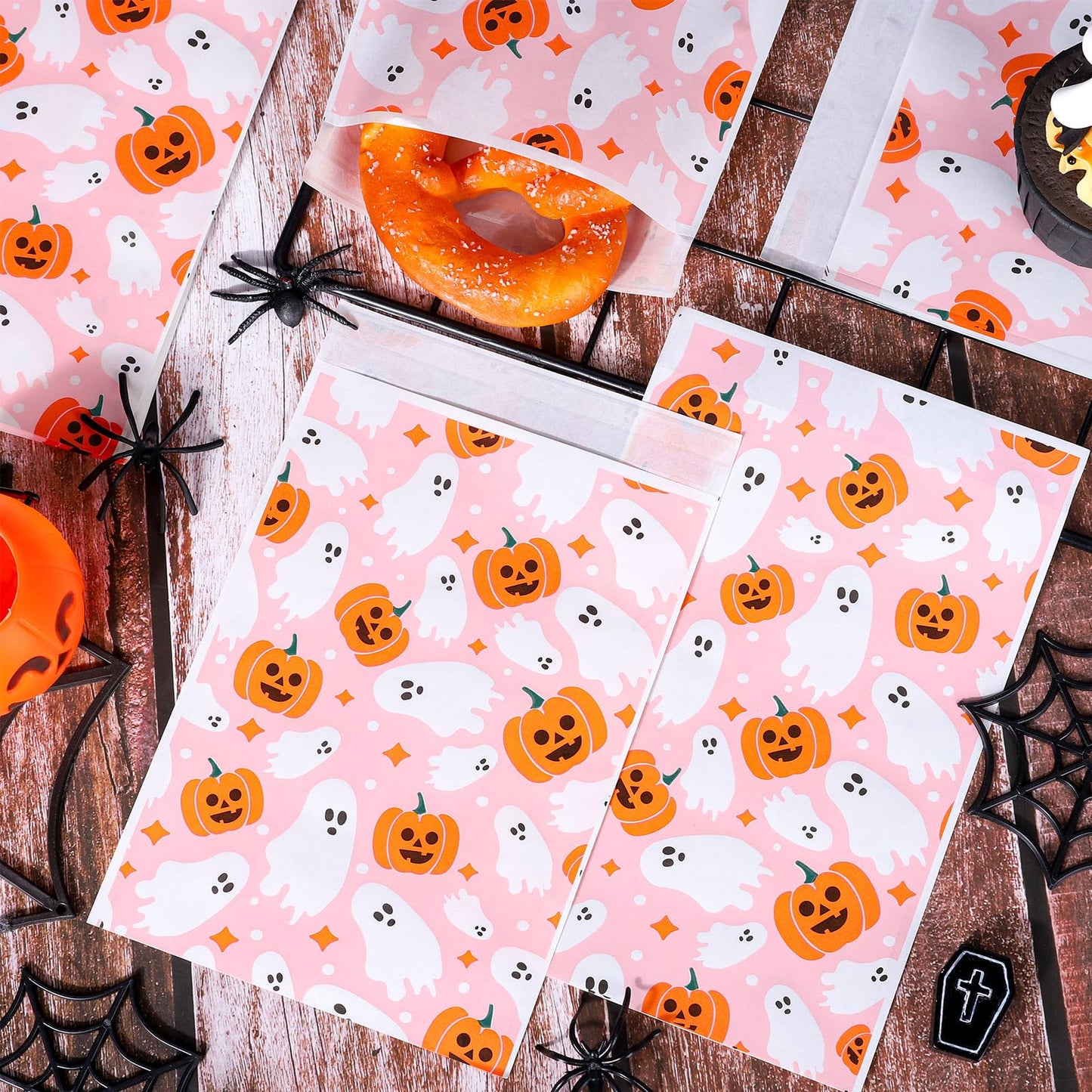 Whaline 100Pcs Halloween Treat Bags Self Adhesive Pink-Orange Ghost Pumpkin Candy Goodie Bag Cute Buffet Favor Bag for Trick or Treat Birthday Party Supplies