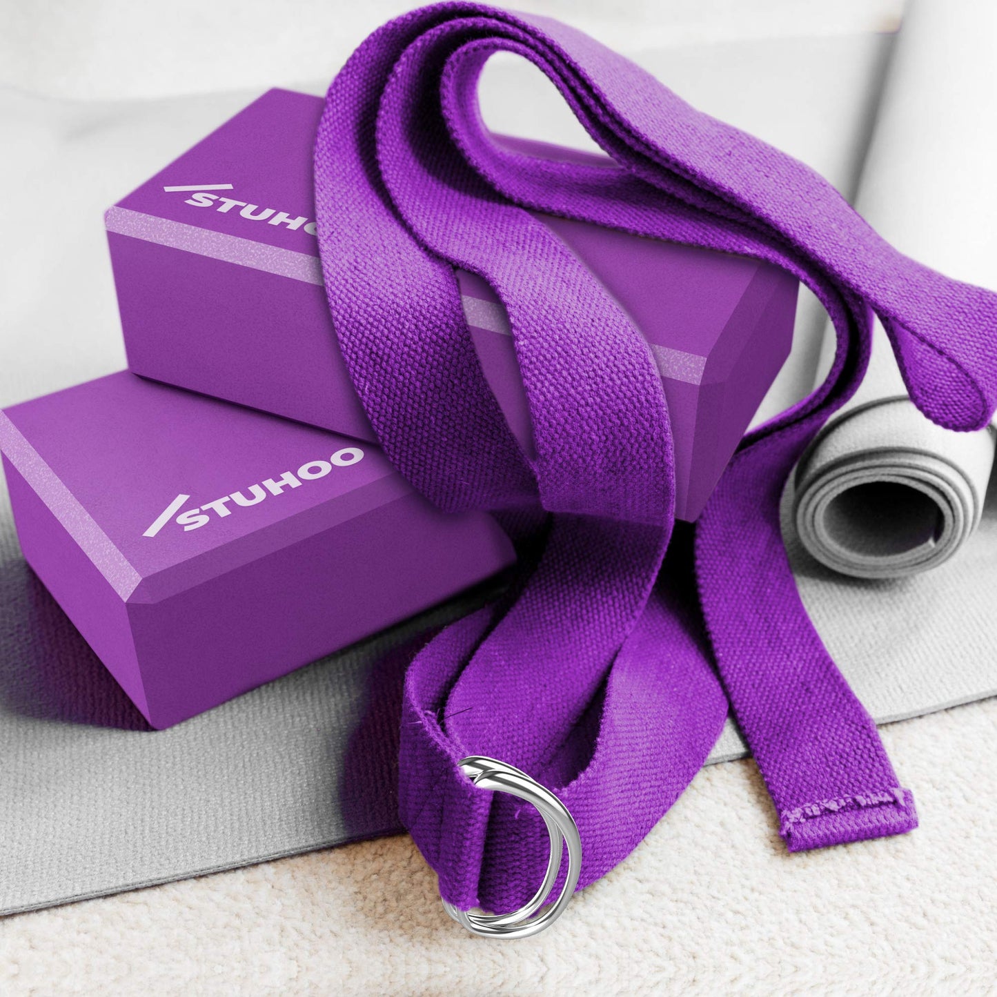 STUHOO Yoga Blocks 2 pack and Yoga Strap Includes Descriptive E-book for Beginners Sturdy Yoga Brick & Lightweight Eva Foam Block Support Deepen Poses, Provides Strength & Stability for Pilates Practice