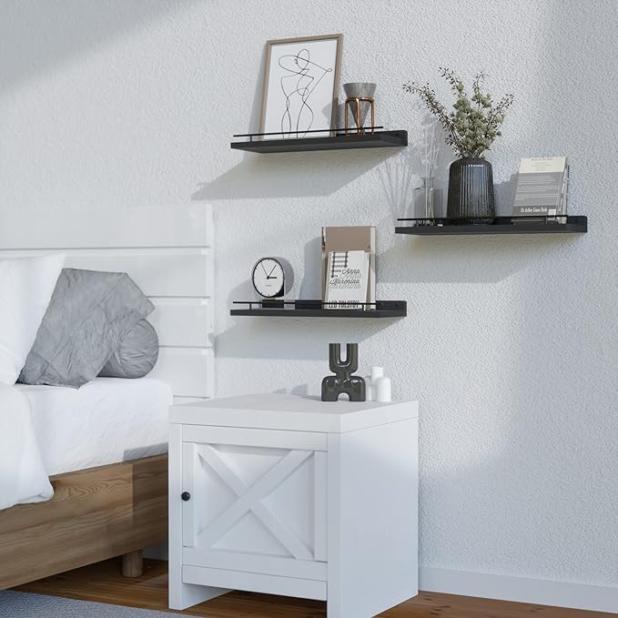 WOPITUES Floating Shelves with Black Metal Guardrail, Shelves