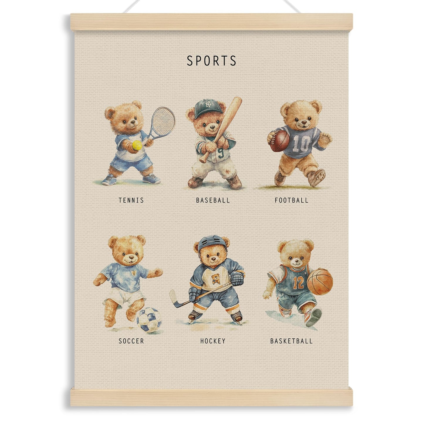 MOTERMATE Bear Sports Poster Hanger Frame, Bear Nursery Wall Hanging Decor Art Framed for Toddlers Kids Boys Room Nursery Playroom, Sports Kids Wall Poster Prints, 12x16 Inch