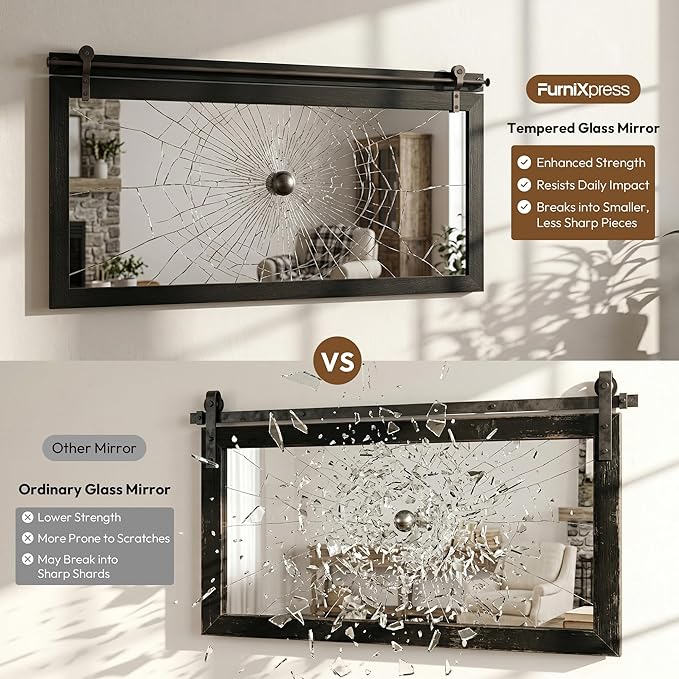 27"x49" Large Black Barn Door Mirror, Solid Wood Framed Accent Wall Mirror