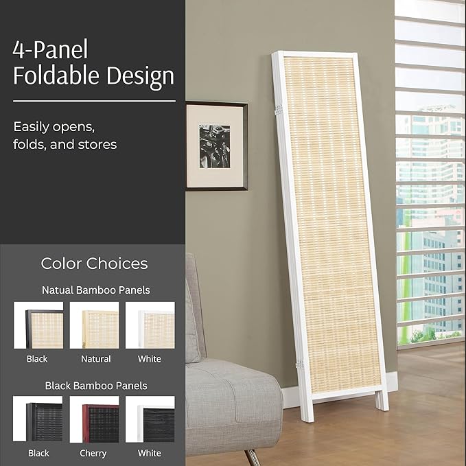 Roundhill Furniture Inkwell 4-Panel Bamboo Room Divider, Folding Portable