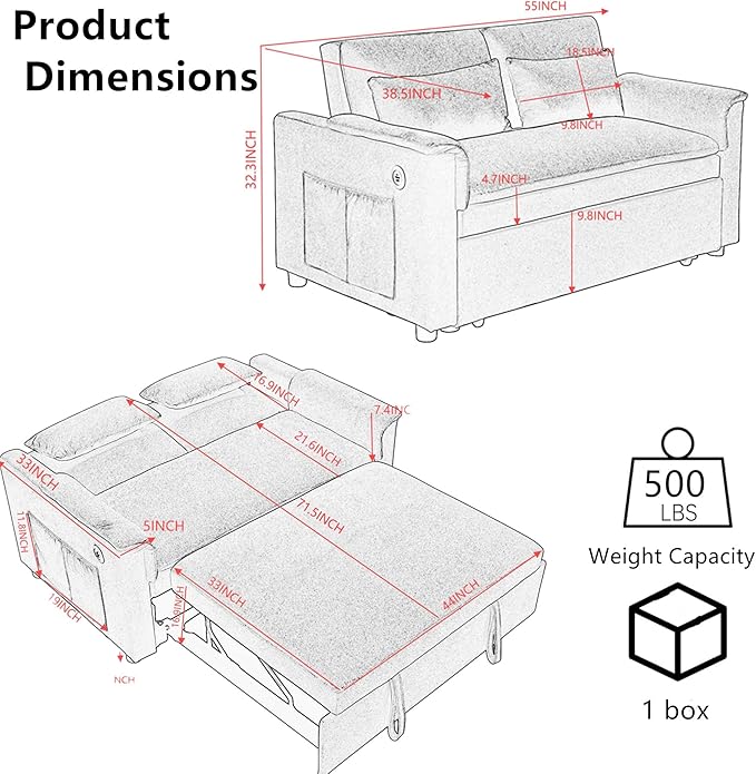 55.5" Small Sleeper Sofa Couch