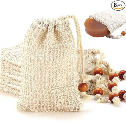 8 Pack Soap Bag Natural Sisal Soap Saver Bag Pouch Mesh Waste Exfoliating Foaming and Drying Soap Holder for Shower