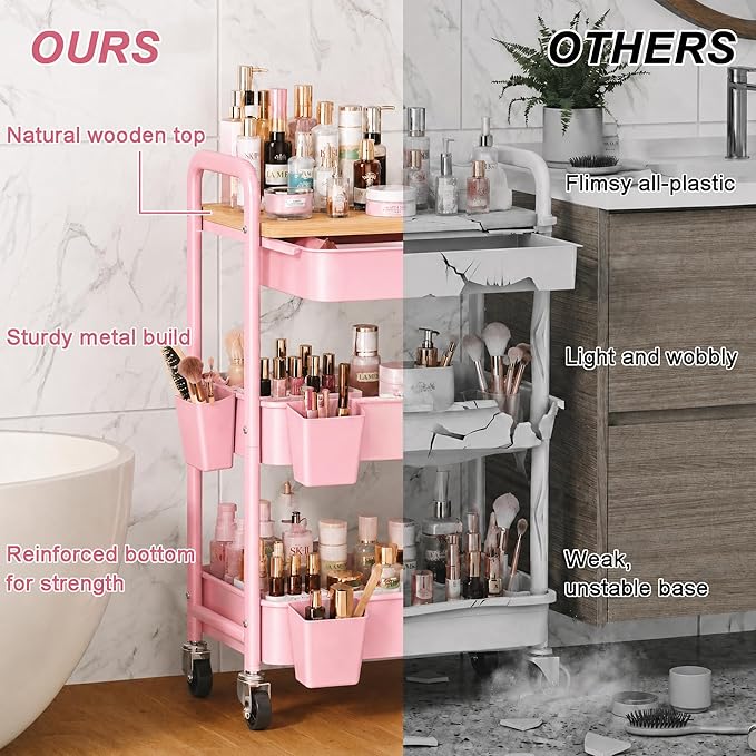 3 Tier Pink Rolling Cart with Drawer for Makeup Storage, Metal Utility Cart with Wheels, Make up Shelf Hair/Lash/Nail Polish/Skincare/Perfume Organizer, Floor Storage Vanity Carts for Bathroom,Salon