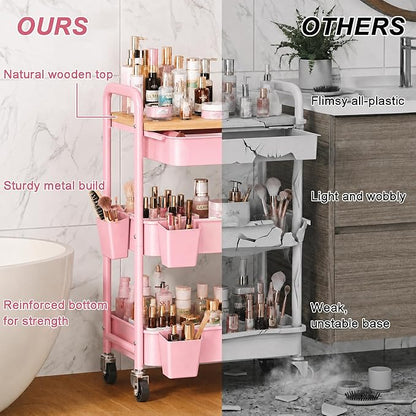 3 Tier Pink Rolling Cart with Drawer for Makeup Storage, Metal Utility Cart with Wheels, Make up Shelf Hair/Lash/Nail Polish/Skincare/Perfume Organizer, Floor Storage Vanity Carts for Bathroom,Salon