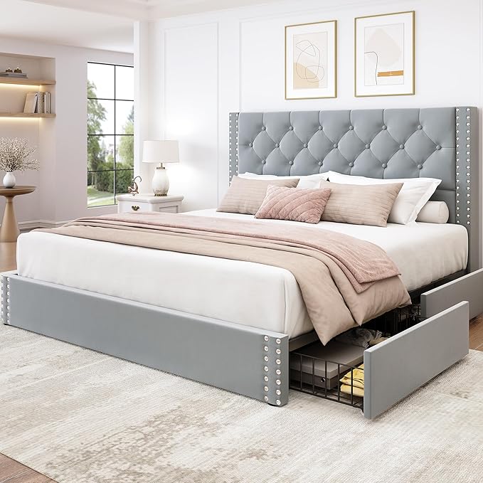 LARMACE Queen Size Bed Frame Upholstered Platform Bed