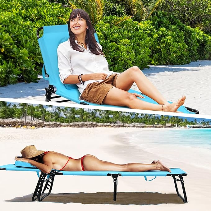 Folding Beach Lounge Chair w/ 5 Adjutable Backrest & Padded Pillow, Sunbathing