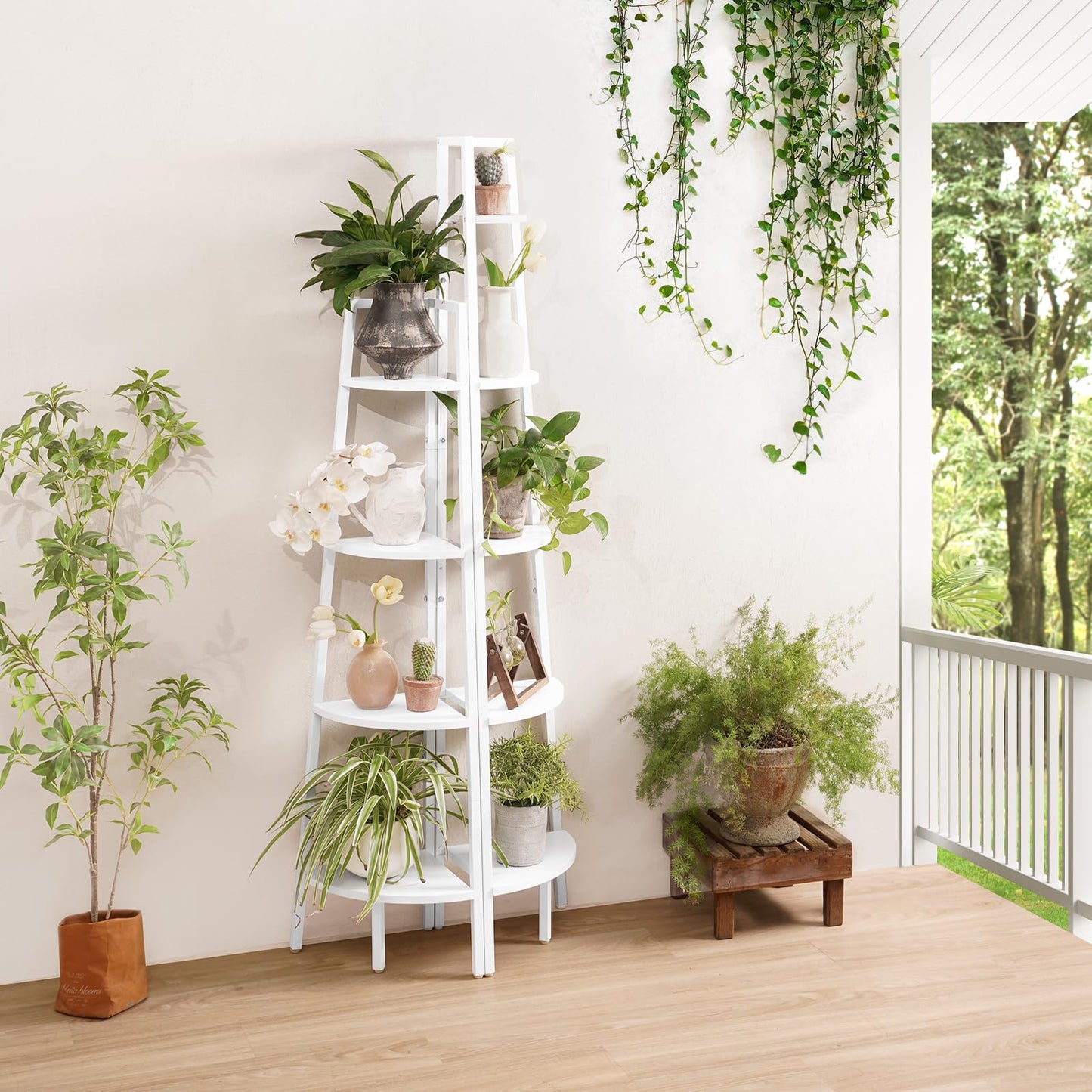 Yoobure Corner Shelf, 5-Tier Corner Bookshelf with Metal Frame & Wood Ladder Shelves - Display Shelf & Tall Bookcase, Plant Stand for Home Decor - Bedroom, Living Room, Office