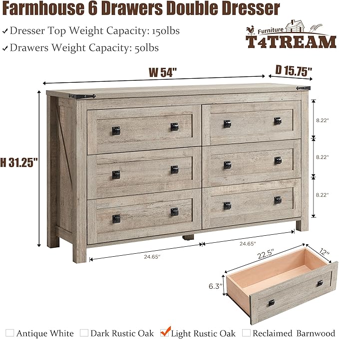 T4TREAM Farmhouse 6 Drawers Dresser