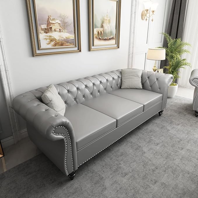 Mid-Century 3 Seater Sofa, Faux Leather Couch