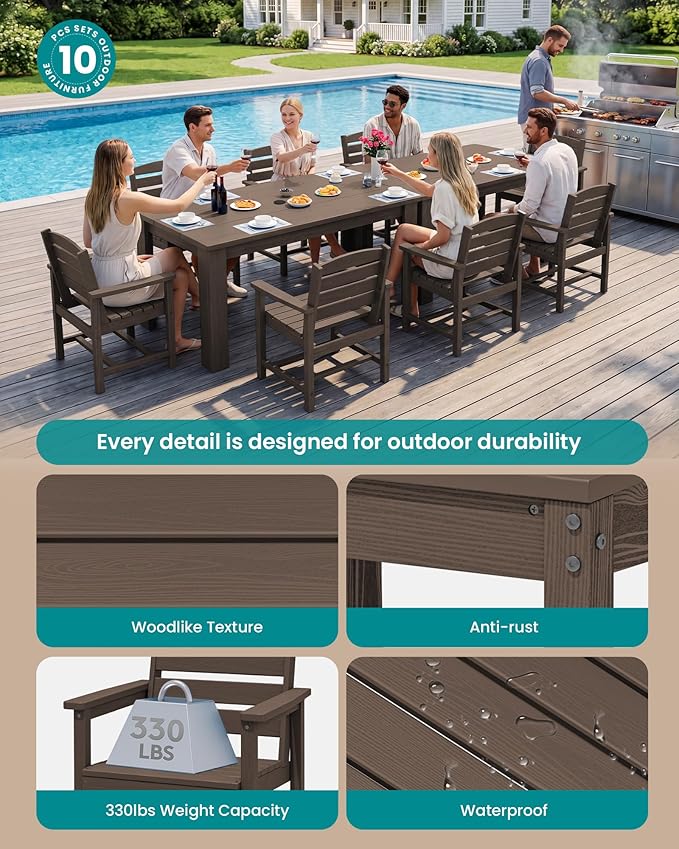 SERWALL HDPE Dining Set for 8: 2 Umbrella Hole Tables + 8 Chairs. Includes 8