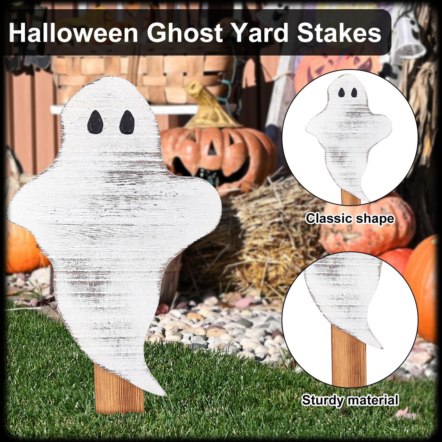 Amyhill 6 Pcs Wooden Halloween Ghost Yard Stakes 15'' Farmhouse Yard Signs Garden Decorations for Holiday Outdoor Lawn Patio Pathway Driveway Party Supplies, 3 Designs