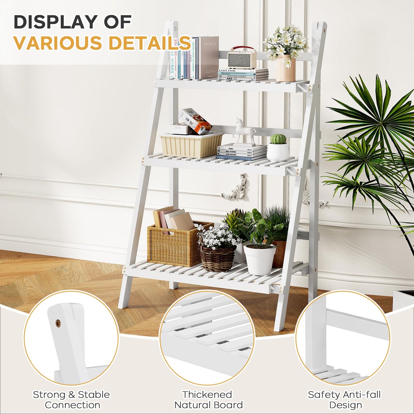 oakvivo Bamboo Bookshelf 3-Tier Ladder Shelf, 39.4” Freestanding Open Bookcase Book Shelf Bathroom Storage Shelf Unit Plant Stand for Small Space, Living Room, Bedroom, Home Office, White