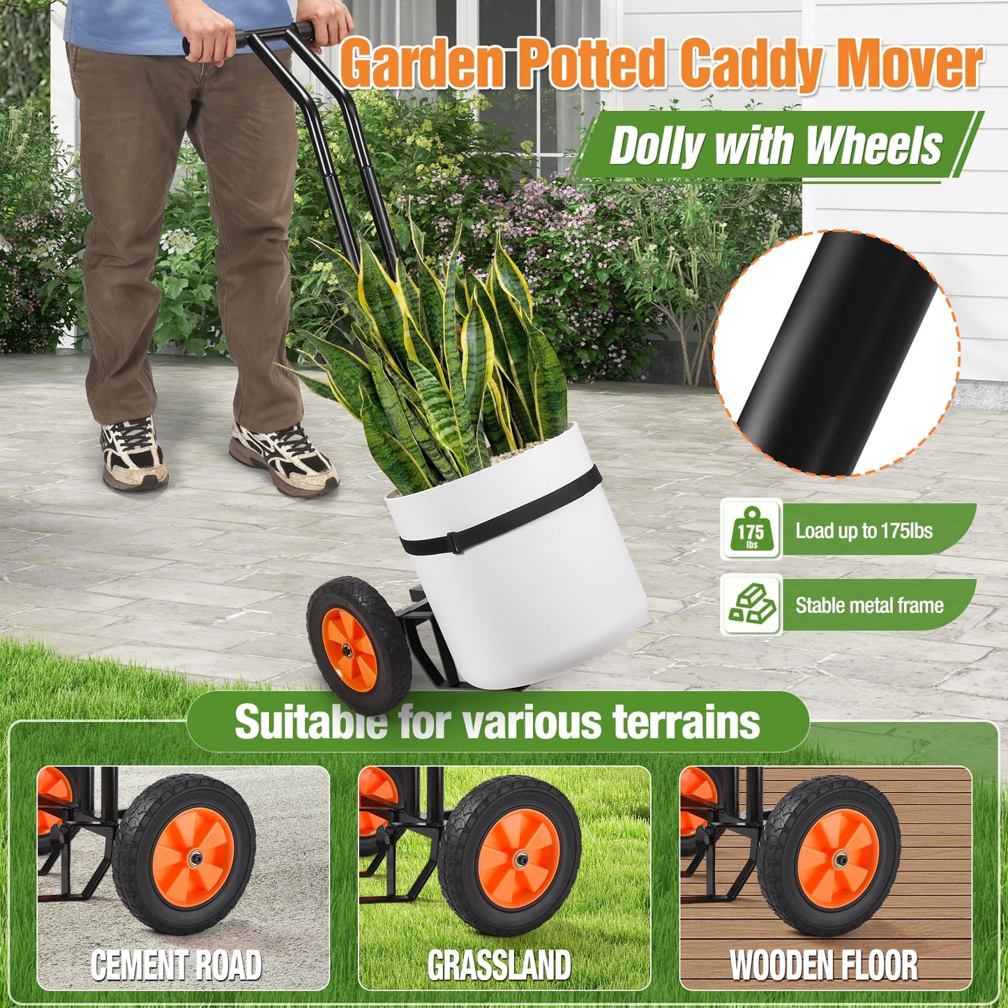 Plant Caddy with Wheels, Heavy Duty Plant Mover Cart with Adjustable Grabbing Arm and Strap, 175 LBS T-Handle Plant Dolly with Suction Cups for Plant Pots Garden Pot Trolley Indoor Outdoor Use, Black