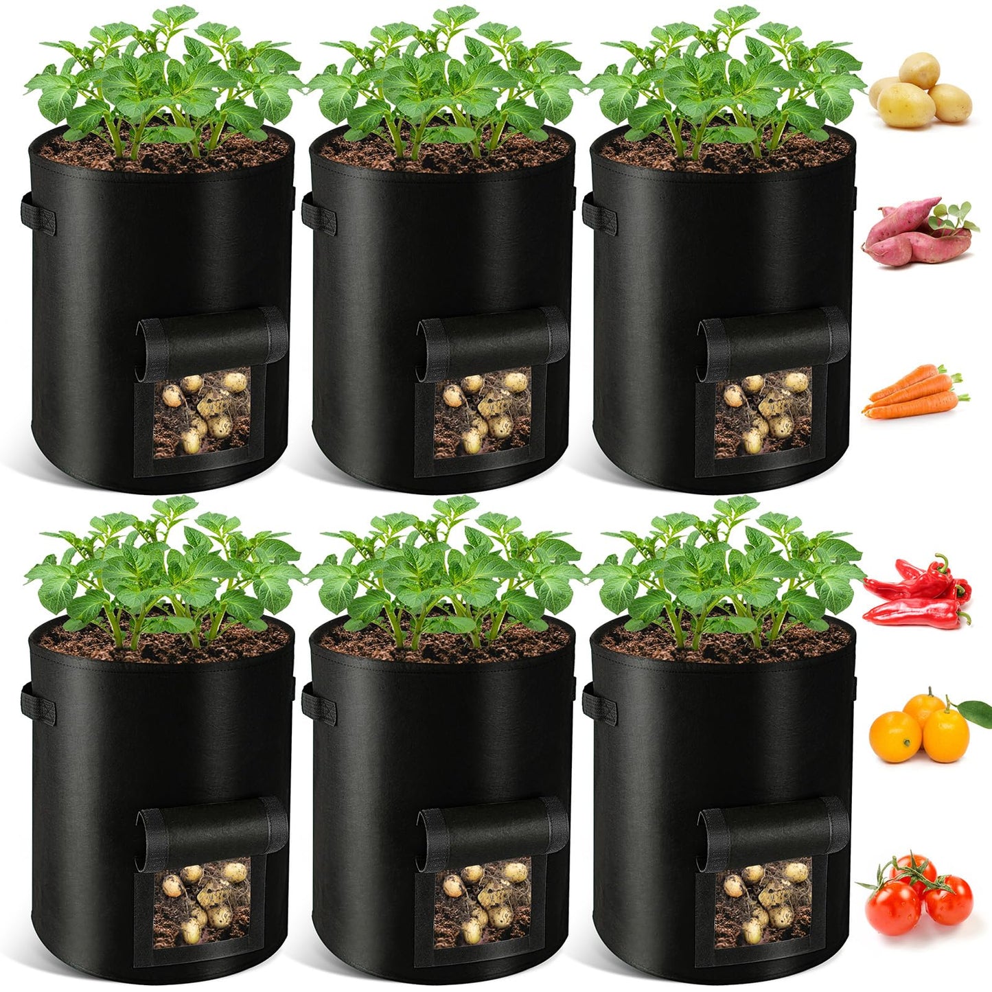 REMIAWY Potato Grow Bags, 10 Gallon 6 Pack Potato Bags for Growing Potatoes with Flap Harvest Window and Handle, Potato Planter Thickened Nonwoven Fabric Pots for Tomatoes Carrots Vegetables Fruits