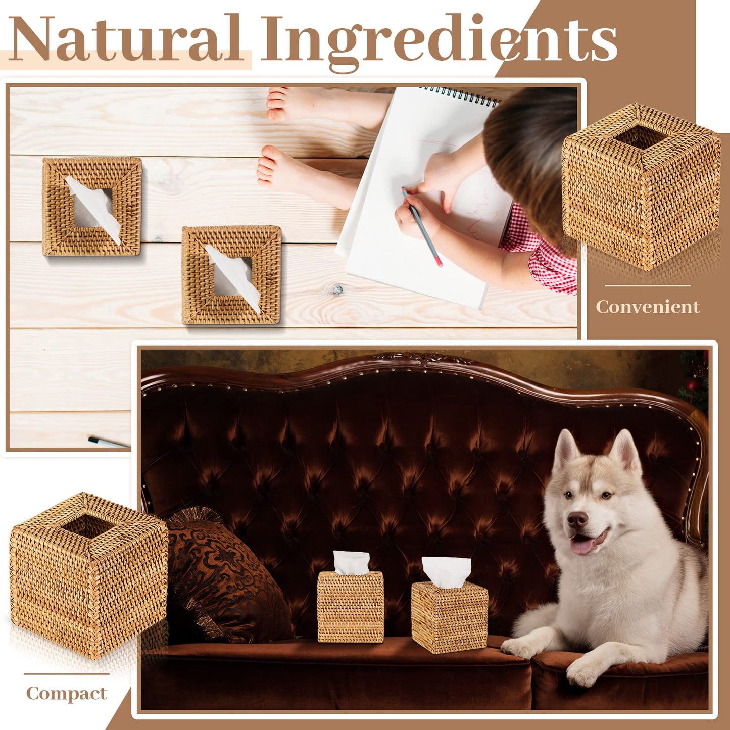 Kigley 2 Pcs Square Rattan Tissue Box Cover Boho Wicker Tissue Cube Box Cover 5.5'' x 5.5'' x 5.5'' Decorative Natural Wicker Hand Woven Napkin Box Holder Bathroom Office Car Accessories (Wood)