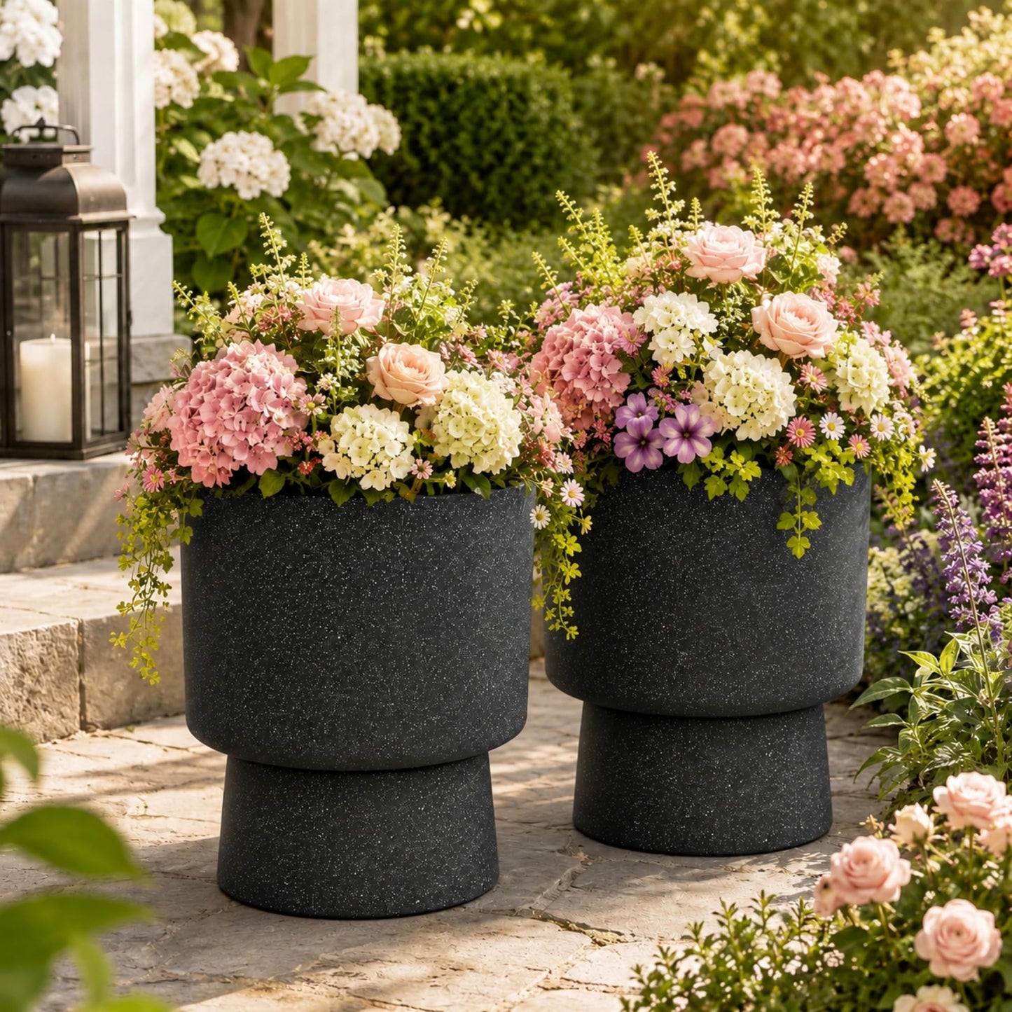 Autodaya 16.8" Modern Pedestal Planters Set of 2, Large Plastic Flower Pots with Terrazzo Finish, Drainage Hole & Weather Resistance for Indoor/Outdoor Garden Patio Balcony Decor