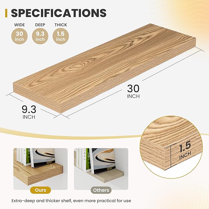 Acovy 30 Inch Floating Shelves, 9.3" Deep Floating Shelf Wall Mounted, Rustic