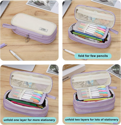 Big Pencil Case Zipper Pencil Pouch Organizer Large Capacity Pen Bag with Handle Portable for Girls Kids Adults Gift Pen Case for School Home Office Purple