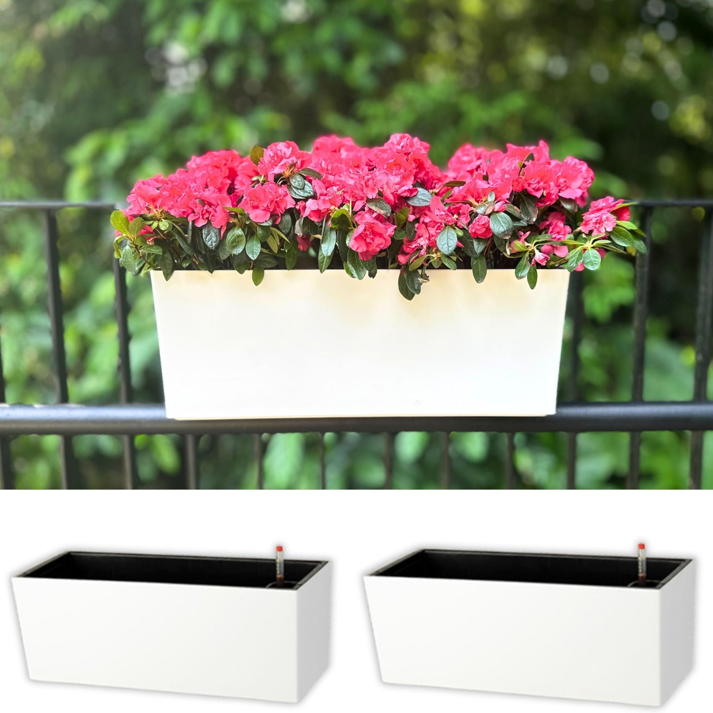 LaLaGreen Rail Planter for Balcony Outdoor (20 Inch, 2 Pack) Large White Self Watering Deck Railing Planters with Brackets, Rectangular Plastic Fence Flower Box Designer Choice