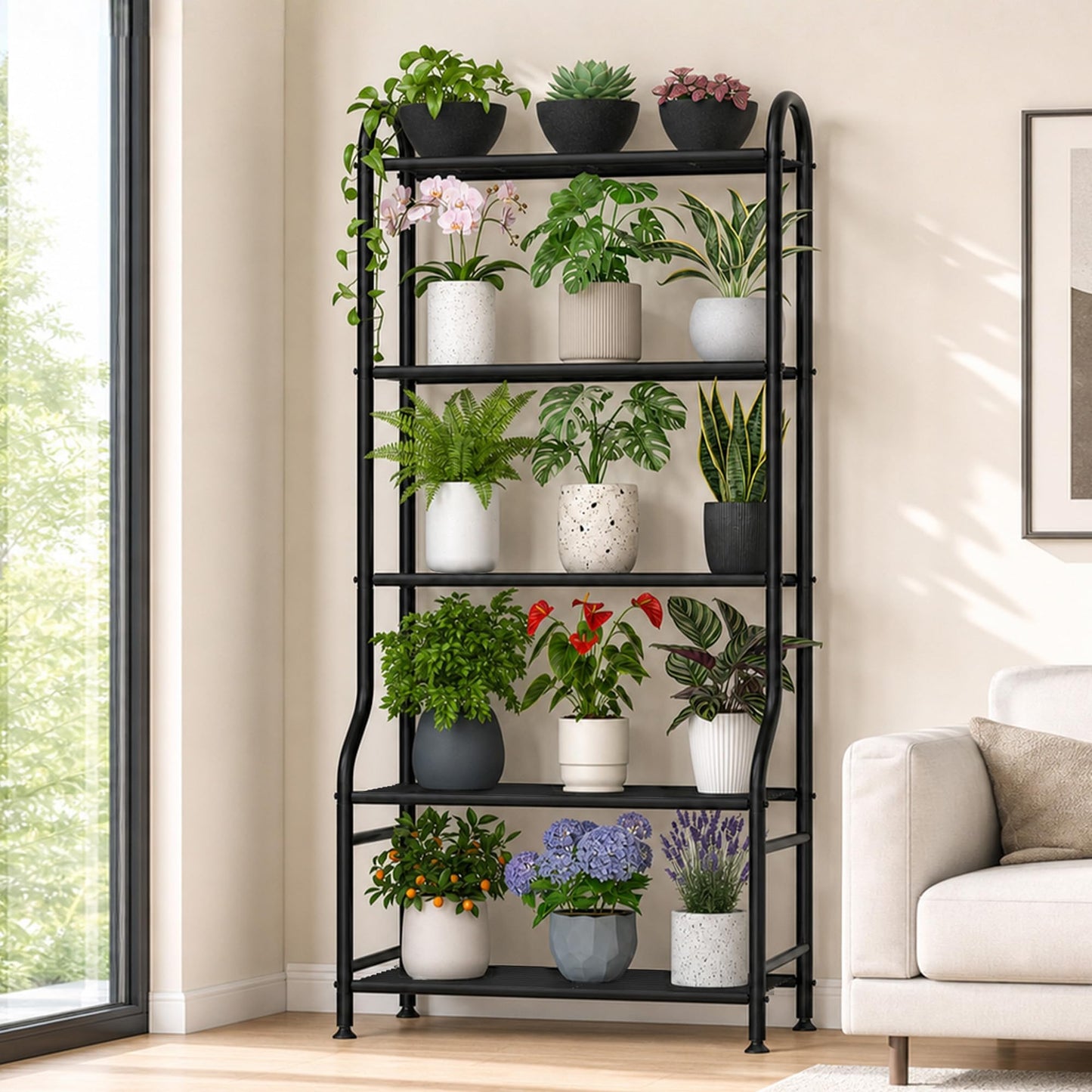 Yutrchey 5-Tier Metal Plant Stand - Heavy Duty Indoor Outdoor Flower Shelf for Multiple Pots, 65" Tall Vertical Holder with Adjustable Leveling Feet & Wall-Fixing Kits, Black