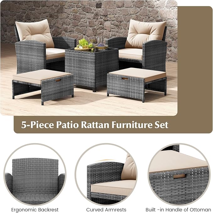 Tangkula 5 Pieces Patio Conversation Set, PE Wicker Rattan Outdoor Furniture Set