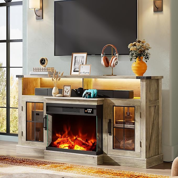 WLIVE 3-Sided Glass Electric Fireplace TV Stand