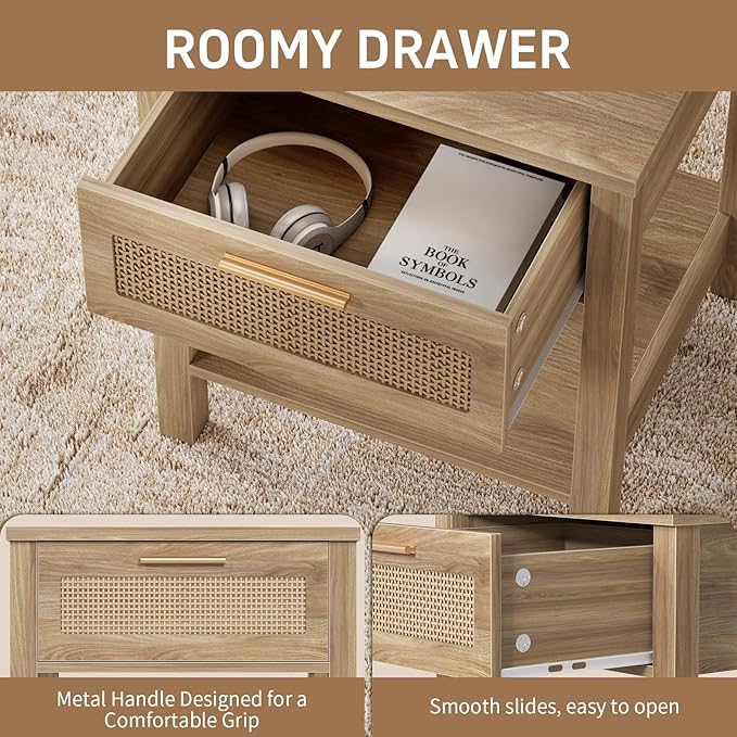 Rattan Nightstand Set of 2, Natural Style Night Stand