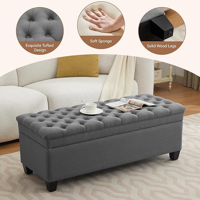 WUTUTUEE 51" Fabric Storage Ottoman Bench, Upholstered Rectangle End of Bed