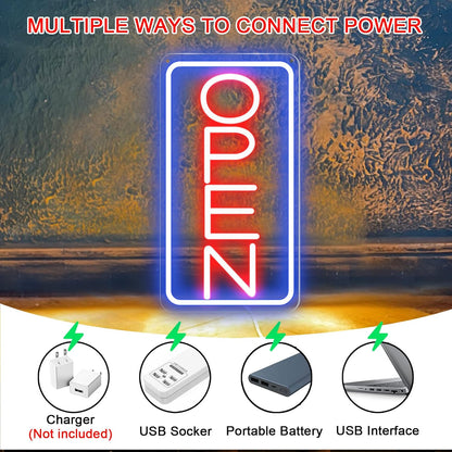 Led Neon Open Signs for Business,16.5"X 9" Open Signs, Powered by USB with ON/OFF Switch, Adjustable Bright Led Neon Open Sign for Bar Salon Coffee Stores Club Hotel (Blue/Red-Vertical)