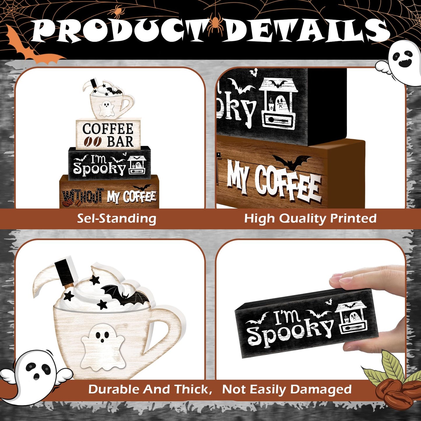 Britimes 4 Pcs Halloween Decorations for Home Coffee Ghost Table Decor Ghost Cup Tiered Tray Decorations Set Gift Rustic Farmhouse Tabletop Decor for Table & Home Office