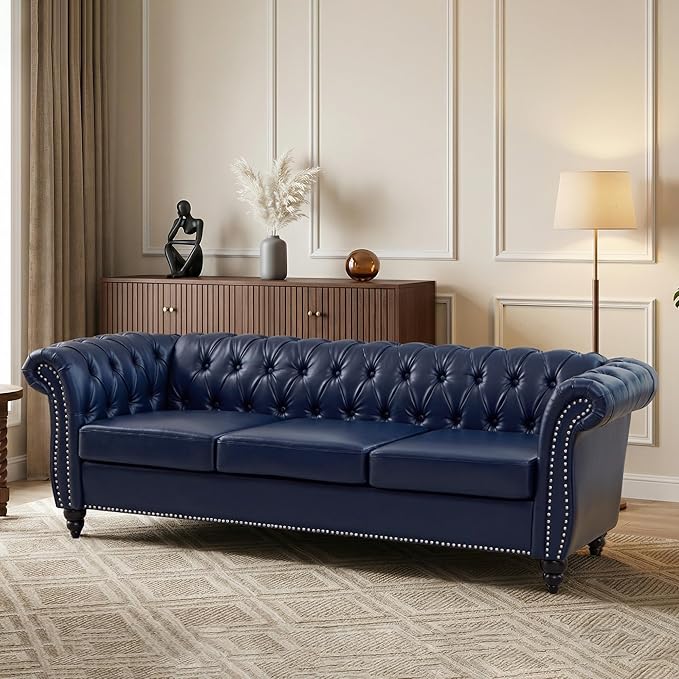 Mid-Century 3 Seater Sofa, Faux Leather Couch