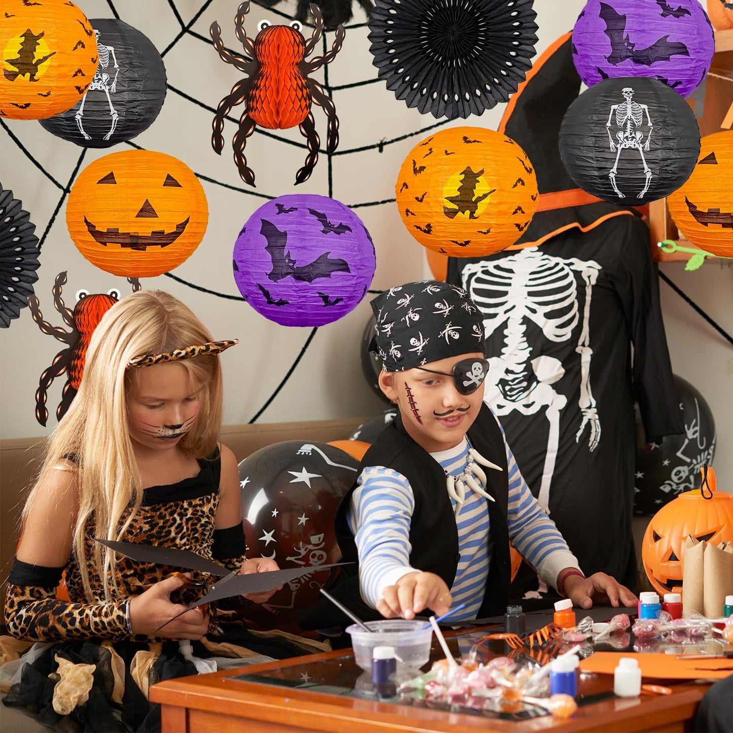 Halloween Hanging Decorations Paper Lanterns with Lights, Pumpkin Bat Skeleton Lanterns Spider for Indoor & Outdoor Spooky Home Decor Halloween Party Supplies Props 10" (8 LED Light)