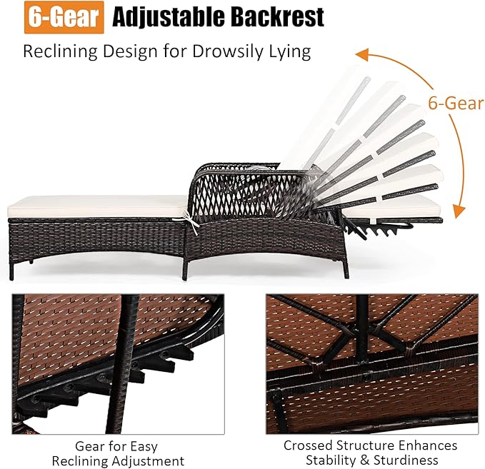 COSTWAY PE Rattan Chaise Lounge Chair, 6 Gear Adjustable Recliner