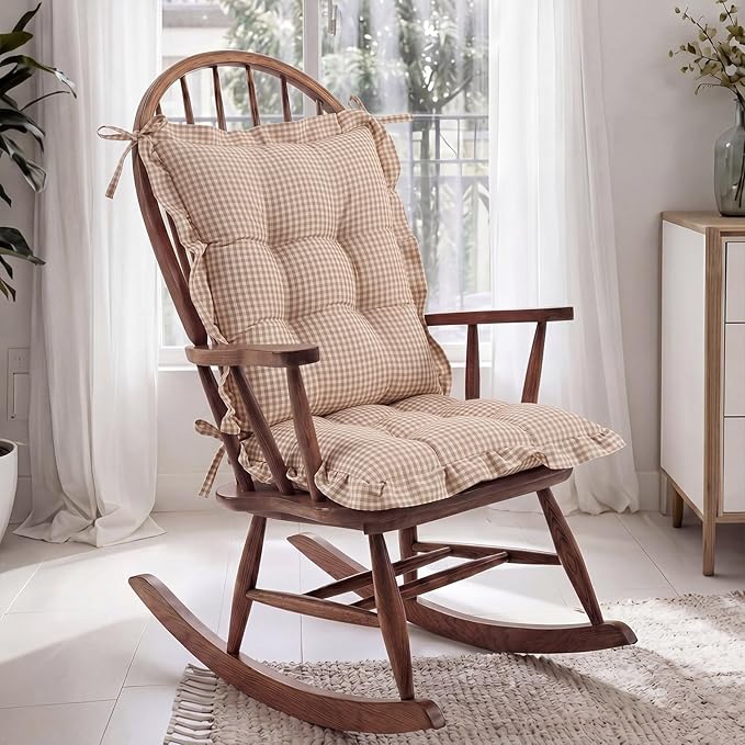 Lewtemi 2 Set Brown Gingham Rocking Chair Cushion Village Ruffled Rocking Chair